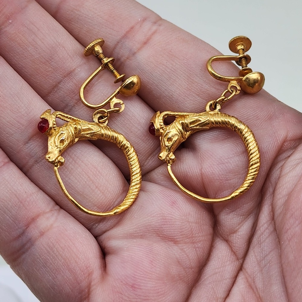 Vintage Gold Tone Dragon Hoop Screw Back Earrings Red Cabochon Fantasy Jewelry